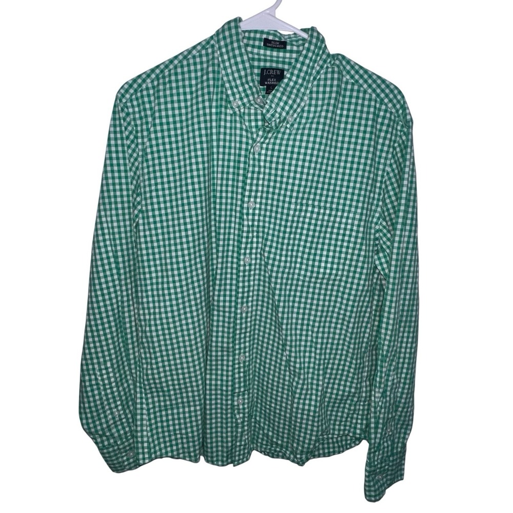 J.Crew‎ Button Down Shirt Mens Large Green Gingham Slim Untucked Flex Washed Top